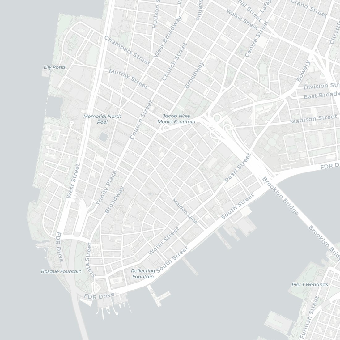 Street map of the southern end of Manhattan, from Tribeca down to the Battery, with the Hudson and East Rivers either side. The Smyth Tribeca and The Frederick Hotel sit together on West Broadway; Conrad New York Downtown is a short walk west, on North End Avenue in Battery Park City.